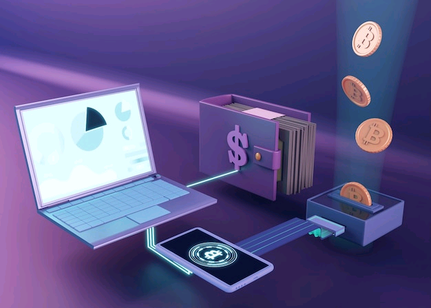 3d cryptocurrency rendering design connecting a laptop, a wallet and a payment system.